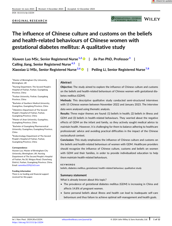 The influence of Chinese culture and customs on the beliefs and health-related behaviours of Chinese women with gestational diabetes mellitus: A qualitative study
