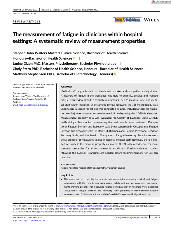 The measurement of fatigue in clinicians with in hospital settings: A systematic review of measurement properties