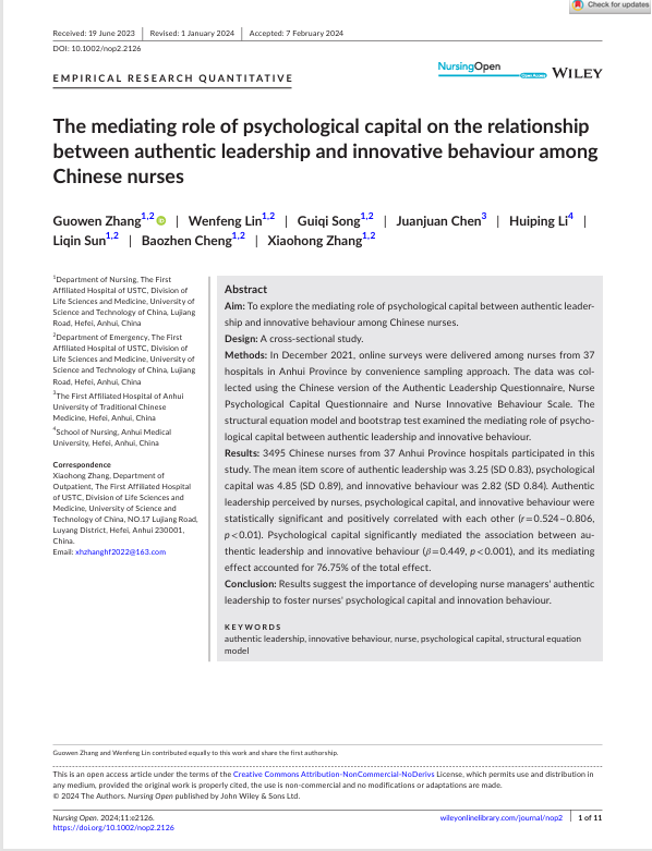 The mediating role of psychological capital on the relationship between authentic leadership and innovative behaviour among Chinese nurses