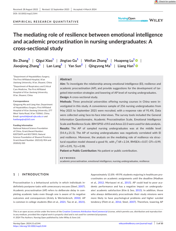 The mediating role of resilience between emotional intelligence and academic procrastination in nursing undergraduates: A cross- sectional study
