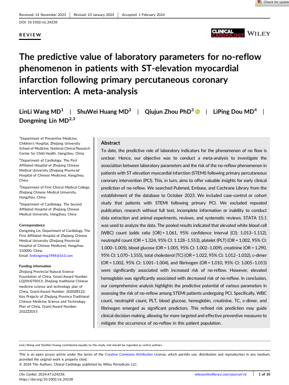 The predictive value of laboratory parameters for no‐reflow phenomenon in patients with ST‐elevation myocardial infarction following primary percutaneous coronary intervention: A meta‐analysis
