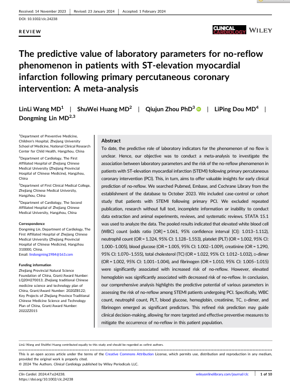 The predictive value of laboratory parameters for no‐reflow phenomenon in patients with ST‐elevation myocardial infarction following primary percutaneous coronary intervention: A meta‐analysis