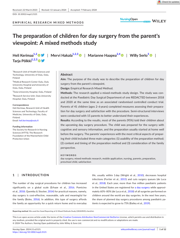 The preparation of children for day surgery from the parent's viewpoint: A mixed methods study