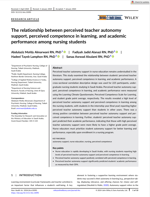 The relationship between perceived teacher autonomy support, perceived competence in learning, and academic performance among nursing students