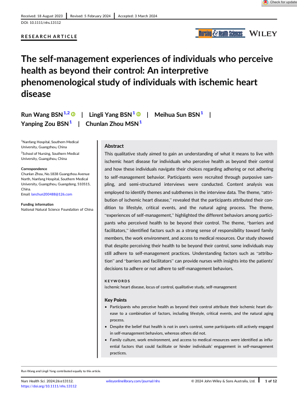 The self-management experiences of individuals who perceive health as beyond their control: An interpretive phenomenological study of individuals with ischemic heart disease