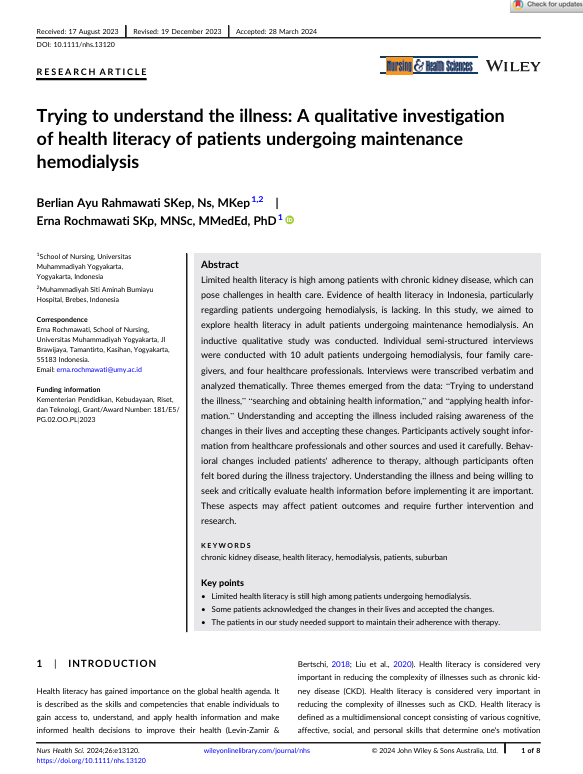 Trying to understand the illness: A qualitative investigation of health literacy of patients undergoing maintenance hemodialysis