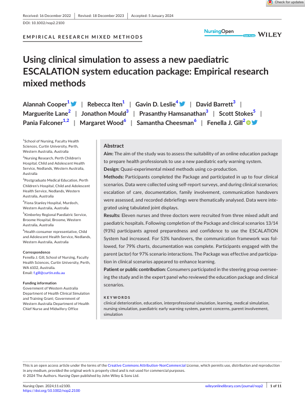 Using clinical simulation to assess a new paediatric ESCALATION system education package: Empirical research mixed methods