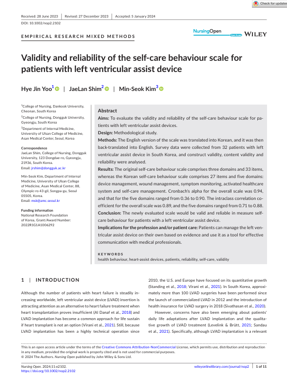 Validity and reliability of the self‐care behaviour scale for patients with left ventricular assist device