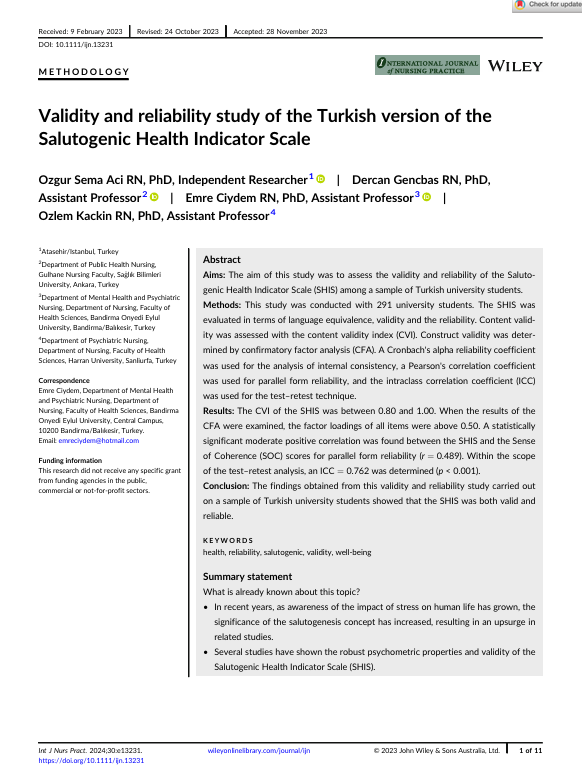 Validity and reliability study of the Turkish version of the Salutogenic Health Indicator Scale