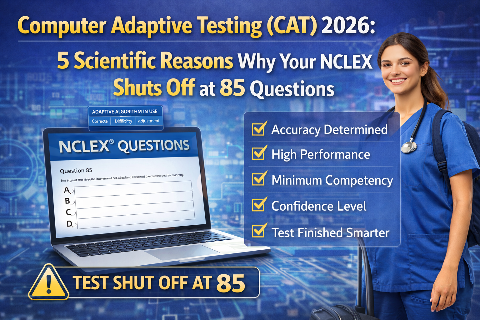 Understand Computer Adaptive Testing (CAT) 2026: 5 Scientific Reasons Why Your NCLEX Shuts Off at 85 Questions. PC adaptive trying out (CAT) and why the NCLEX examination shuts off at eighty-five questions. Discover the technology in the back of passing with minimal questions in 2026.