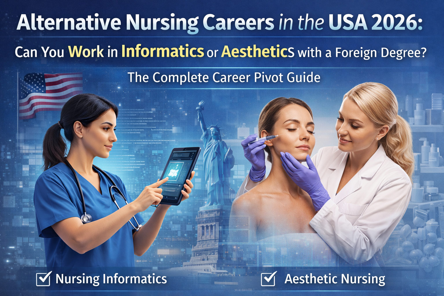 Explore Alternative Nursing Careers in the USA 2026: Can You Work in Informatics or Aesthetics with a Foreign Degree? The Complete Career Pivot Guide. Opportunity nursing careers with inside the USA in 2026 — find out how foreign-diploma nurses can transition into informatics or aesthetics with the proper steps & certifications.