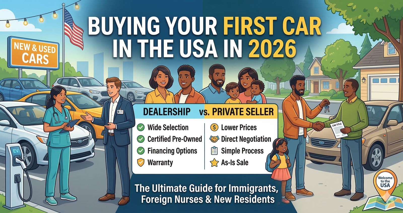 Explore Buying Your First Car in the USA in 2026: Dealership vs. Private Seller — The Ultimate Guide for Immigrants, Foreign Nurses & New Residents.