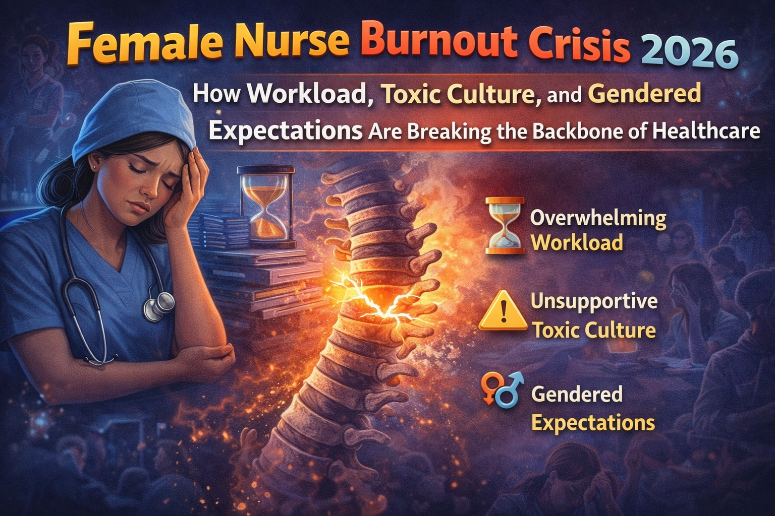 Explore Female Nurse Burnout Crisis 2026: How Workload, Toxic Culture, and Gendered Expectations Are Breaking the Backbone of Healthcare.