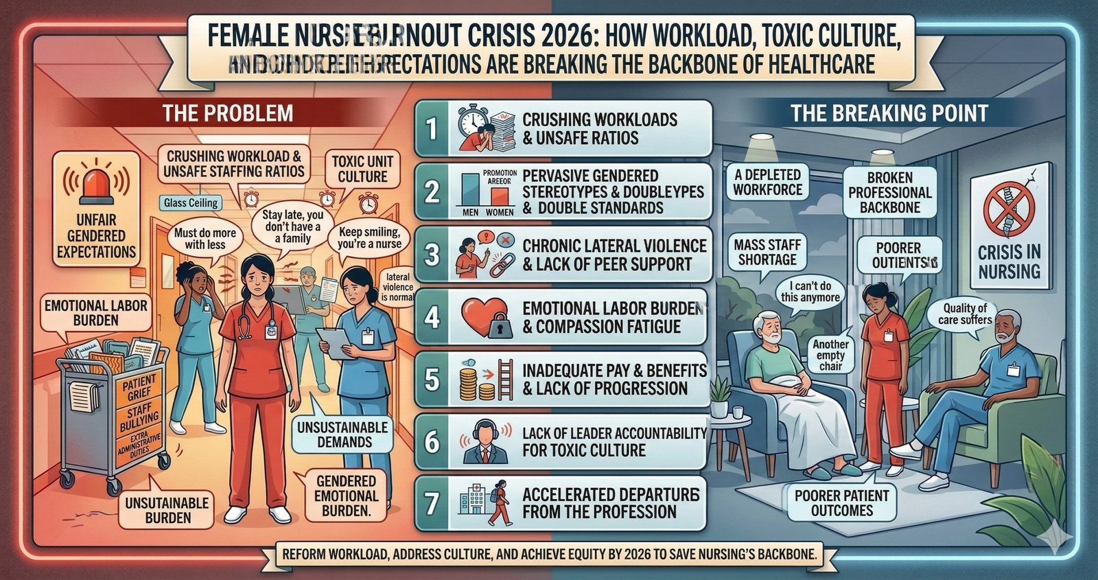 Explore Female Nurse Burnout Crisis 2026: How Workload, Toxic Culture, and Gendered Expectations Are Breaking the Backbone of Healthcare.