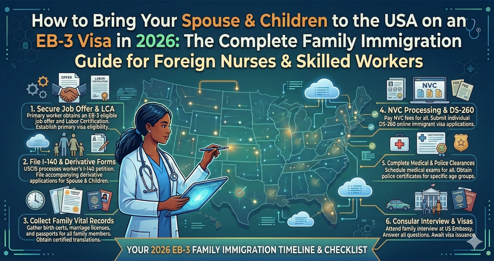 Learn How to Bring Your Spouse & Children to the USA on an EB-3 Visa in 2026: The Complete Family Immigration Guide for Foreign Nurses & Skilled Workers.