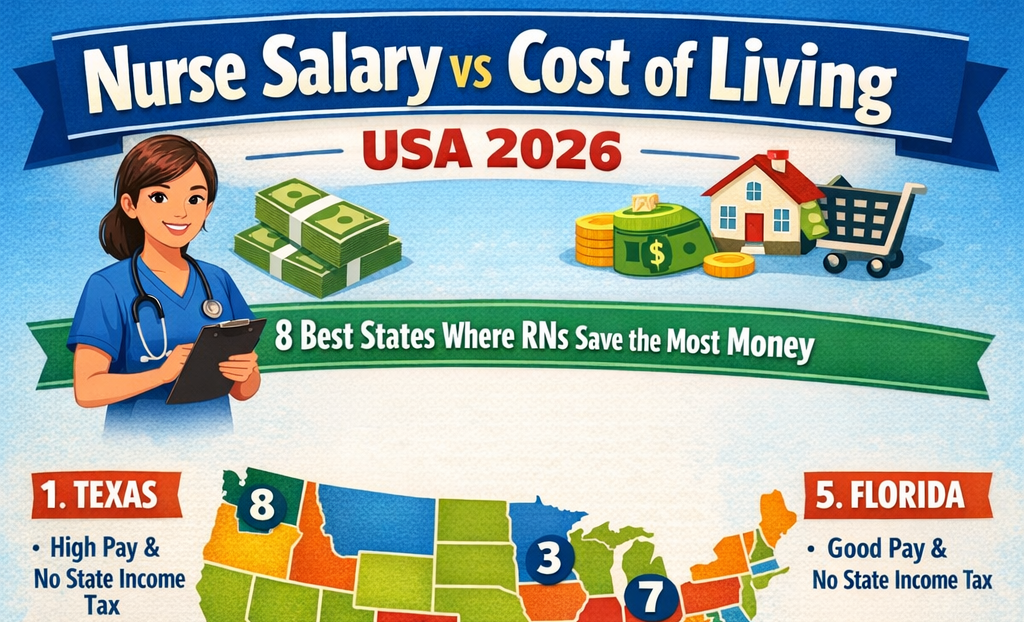 Discover Nurse Salary vs Cost of Living USA 2026: 8 Best States Where RNs Save the Most Money.