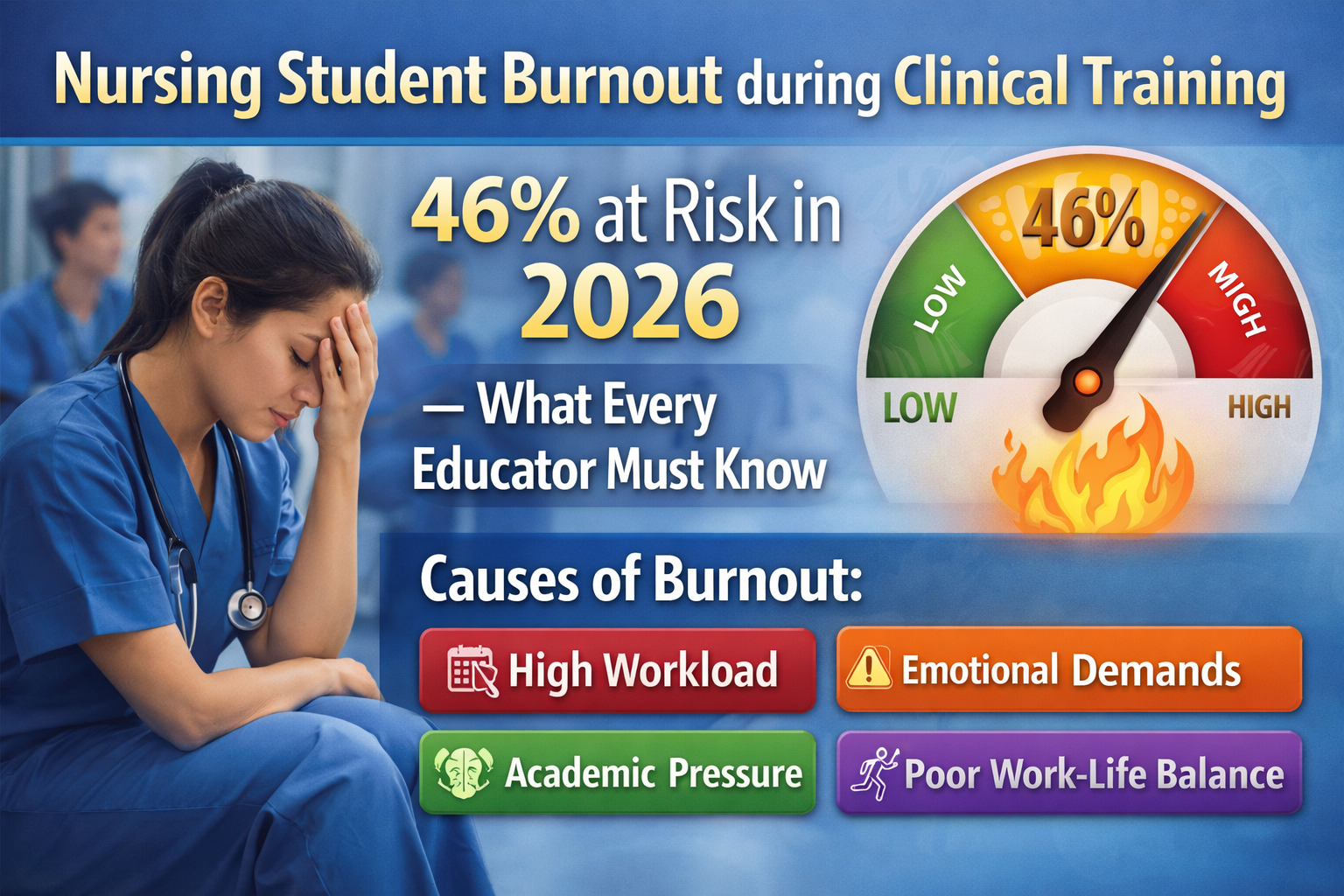 Explore Nursing Student Burnout during Clinical Training: 46% at Risk in 2026 — What Every Educator Must Know.