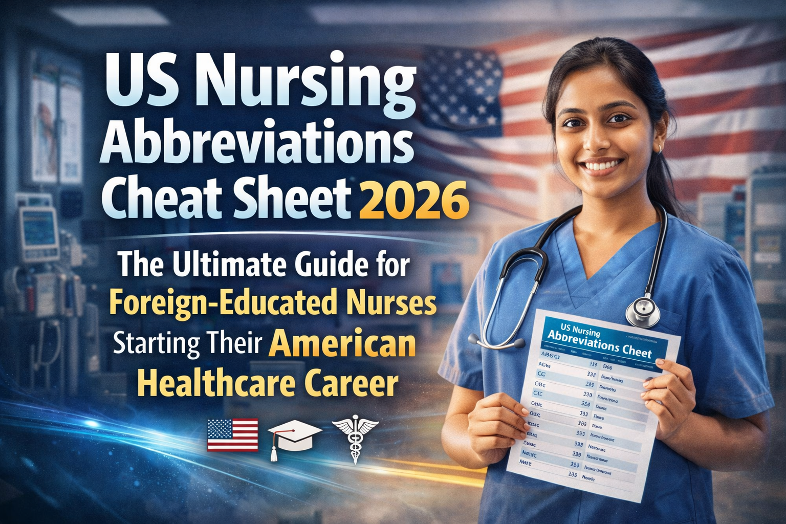 Master US Nursing Abbreviations Cheat Sheet 2026: The Ultimate Guide for Foreign-Educated Nurses Starting Their American Healthcare Career. 50+ important US nursing abbreviations in 2026 with this cheat sheet for overseas nurses — decode scientific terms, orders & documentation rapid and confidently.