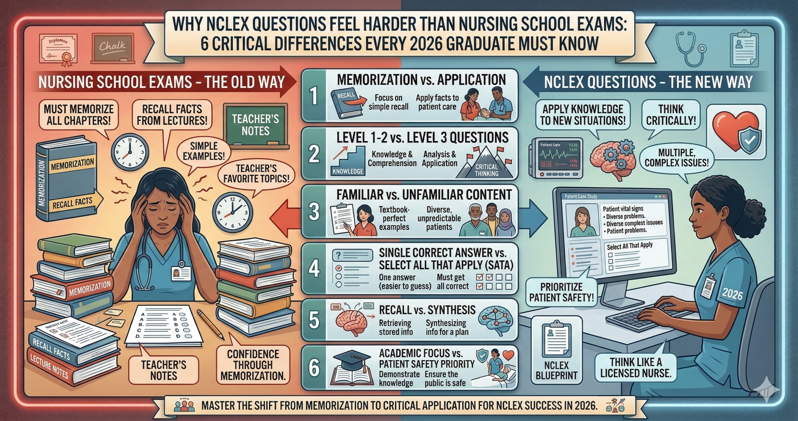 Discover Why NCLEX Questions Feel Harder Than Nursing School Exams: 6 Critical Differences Every 2026 Graduate Must Know.