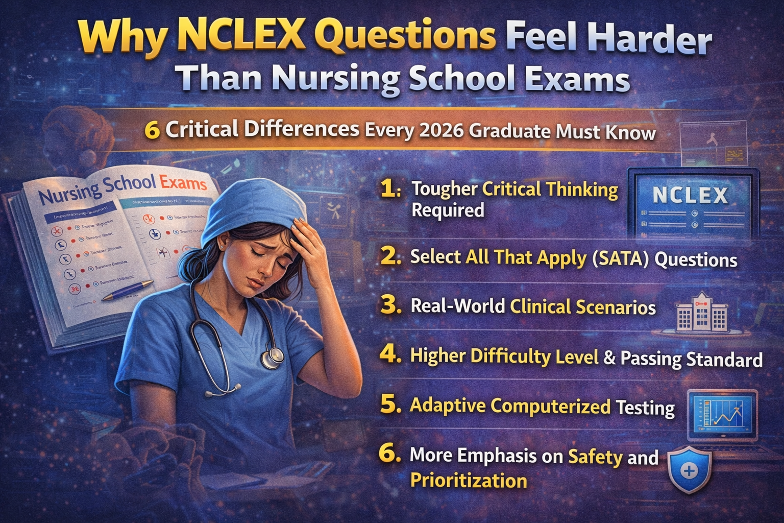 Discover Why NCLEX Questions Feel Harder Than Nursing School Exams: 6 Critical Differences Every 2026 Graduate Must Know.