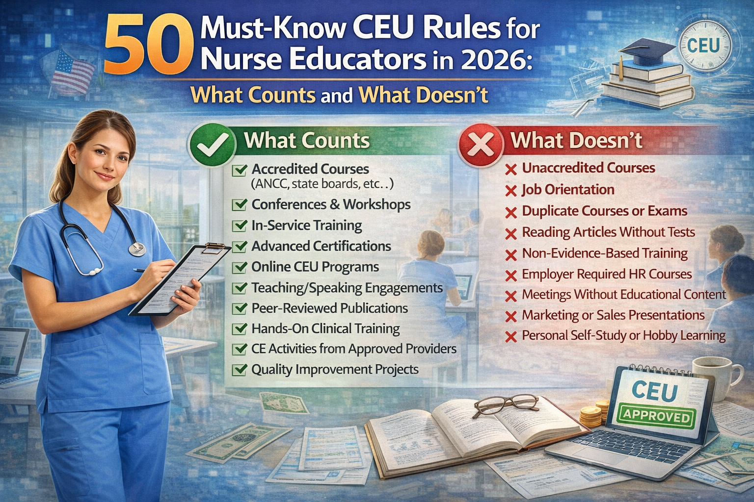 Discover 50 Must-Know CEU Rules for Nurse Educators in 2026: What Counts and What Doesn't.