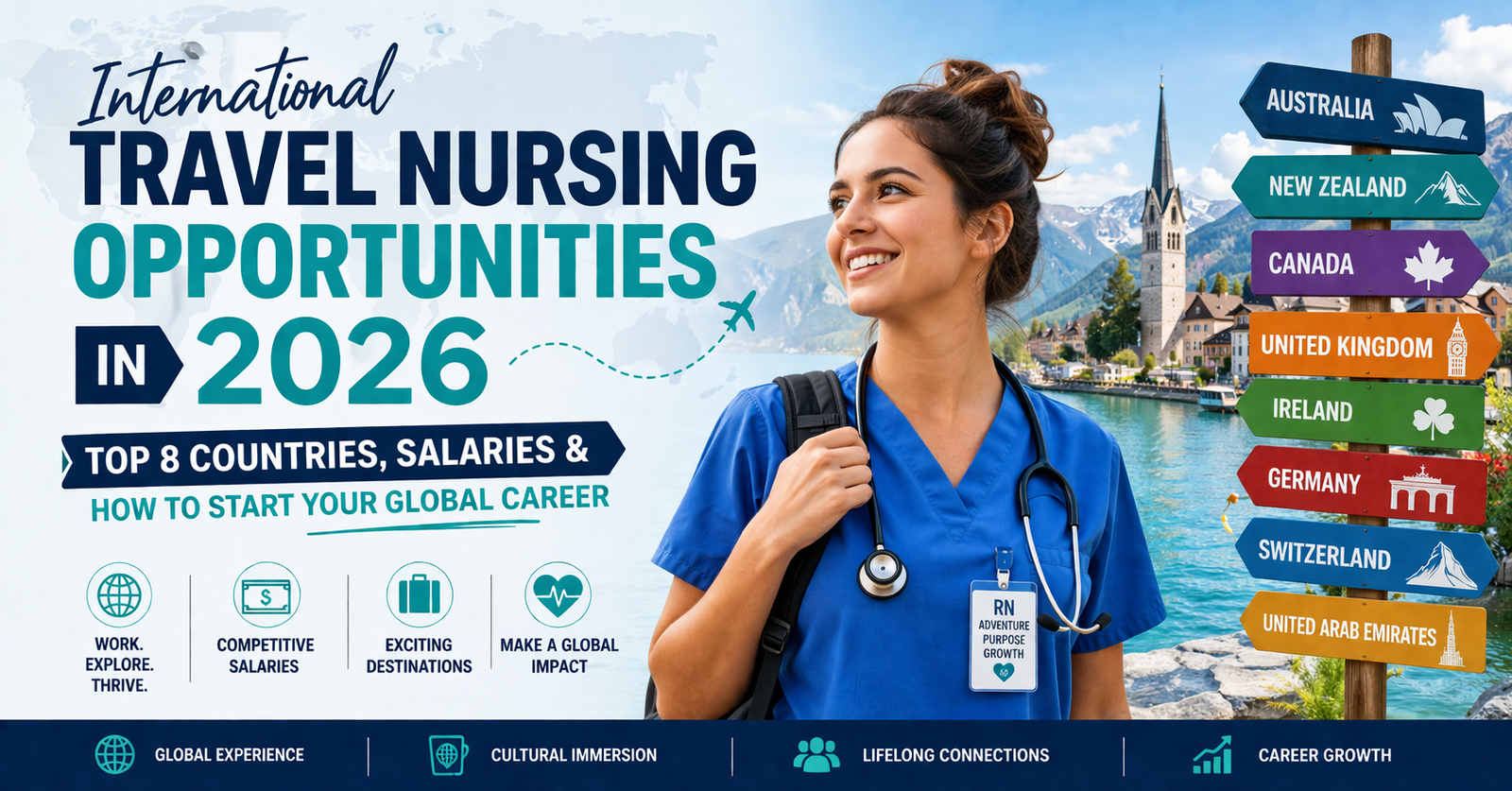 Explore International Travel Nursing Opportunities in 2026: Top 8 Countries, Salaries & How to Start Your Global Career.