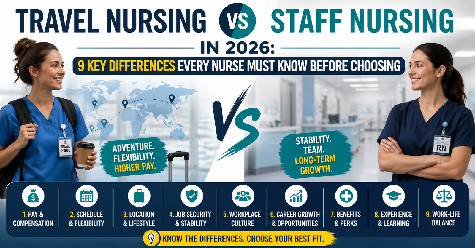 Explore Travel Nursing vs Staff Nursing in 2026: 9 Key Differences Every Nurse Must Know Before Choosing.