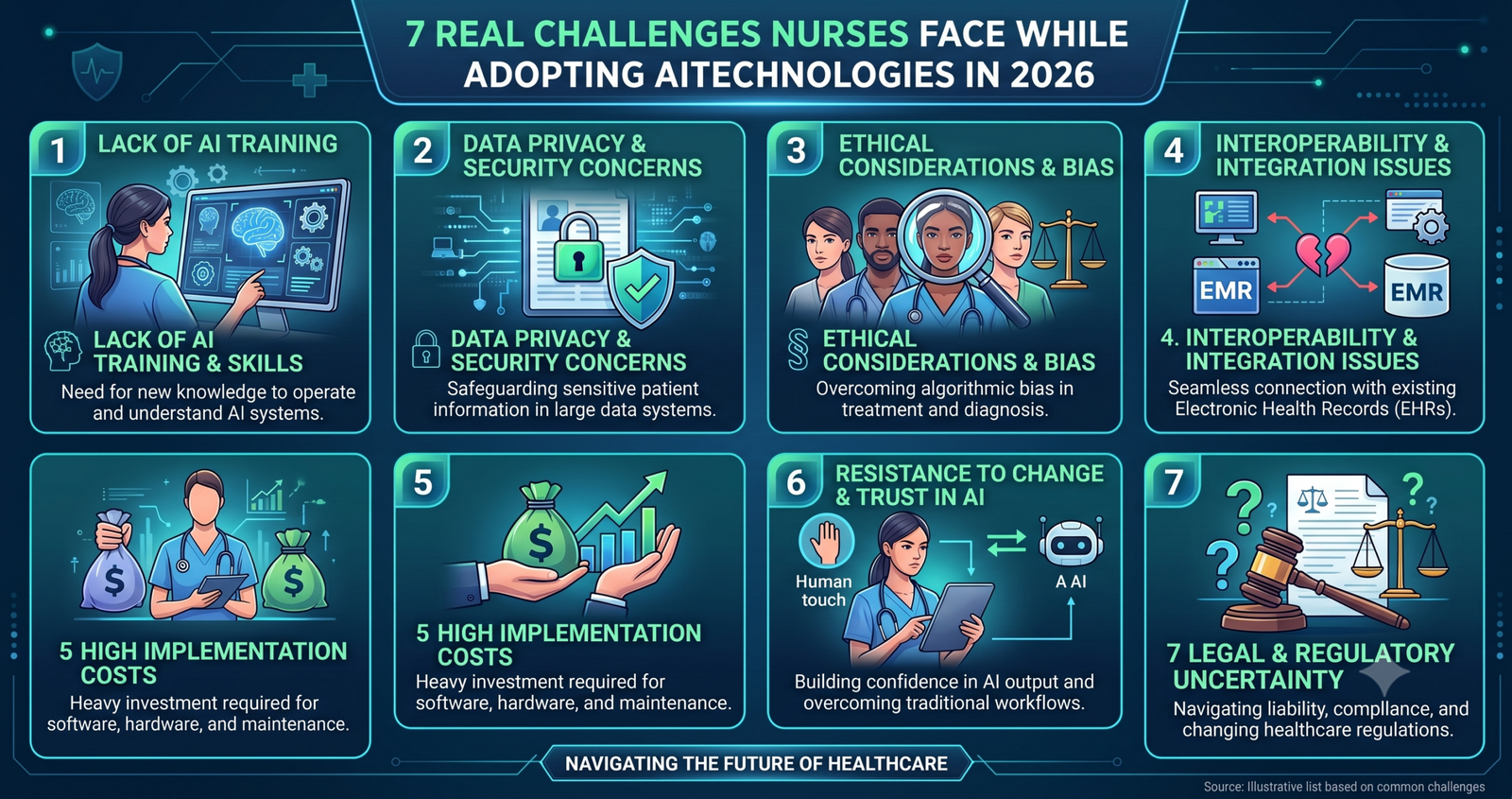 Explore the 7 Real Challenges Nurses Face While Adopting AI Technologies in 2026.