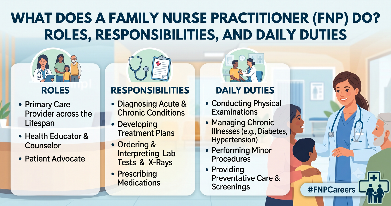 Wondering What Does a Family Nurse Practitioner Do? Roles, Responsibilities, and Daily Duties.