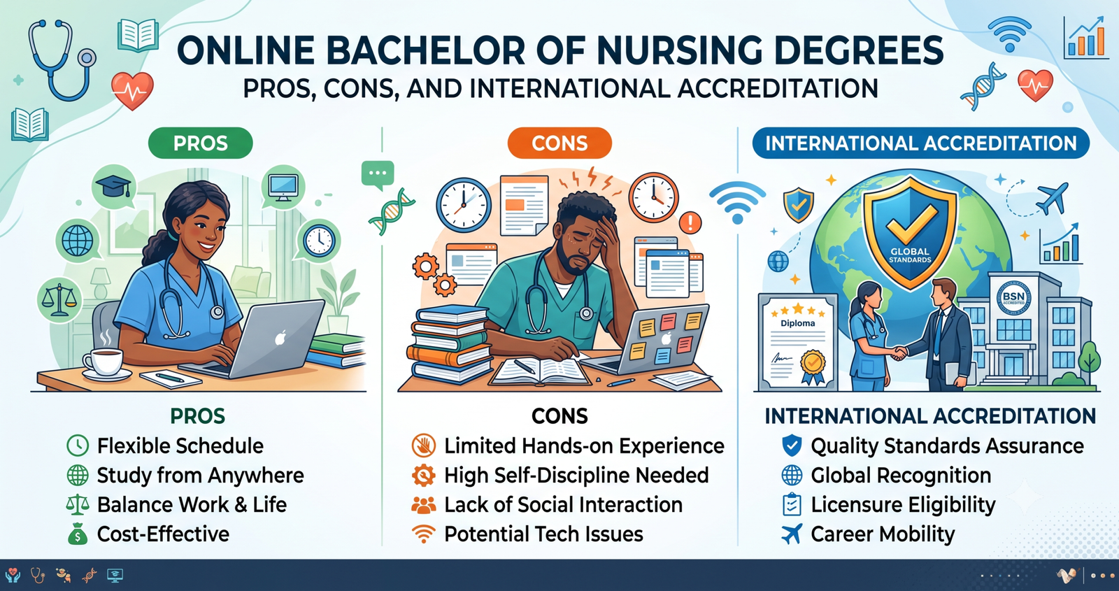 Considering Online Bachelor of Nursing Degrees: Pros, Cons, and International Accreditation.