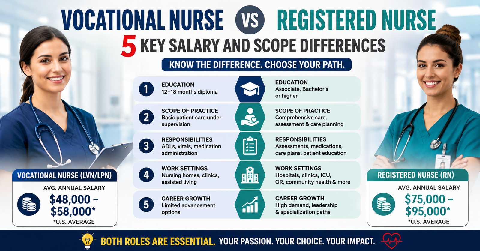 Comparing Vocational Nurse vs Registered Nurse: 5 Key Salary and Scope Differences.