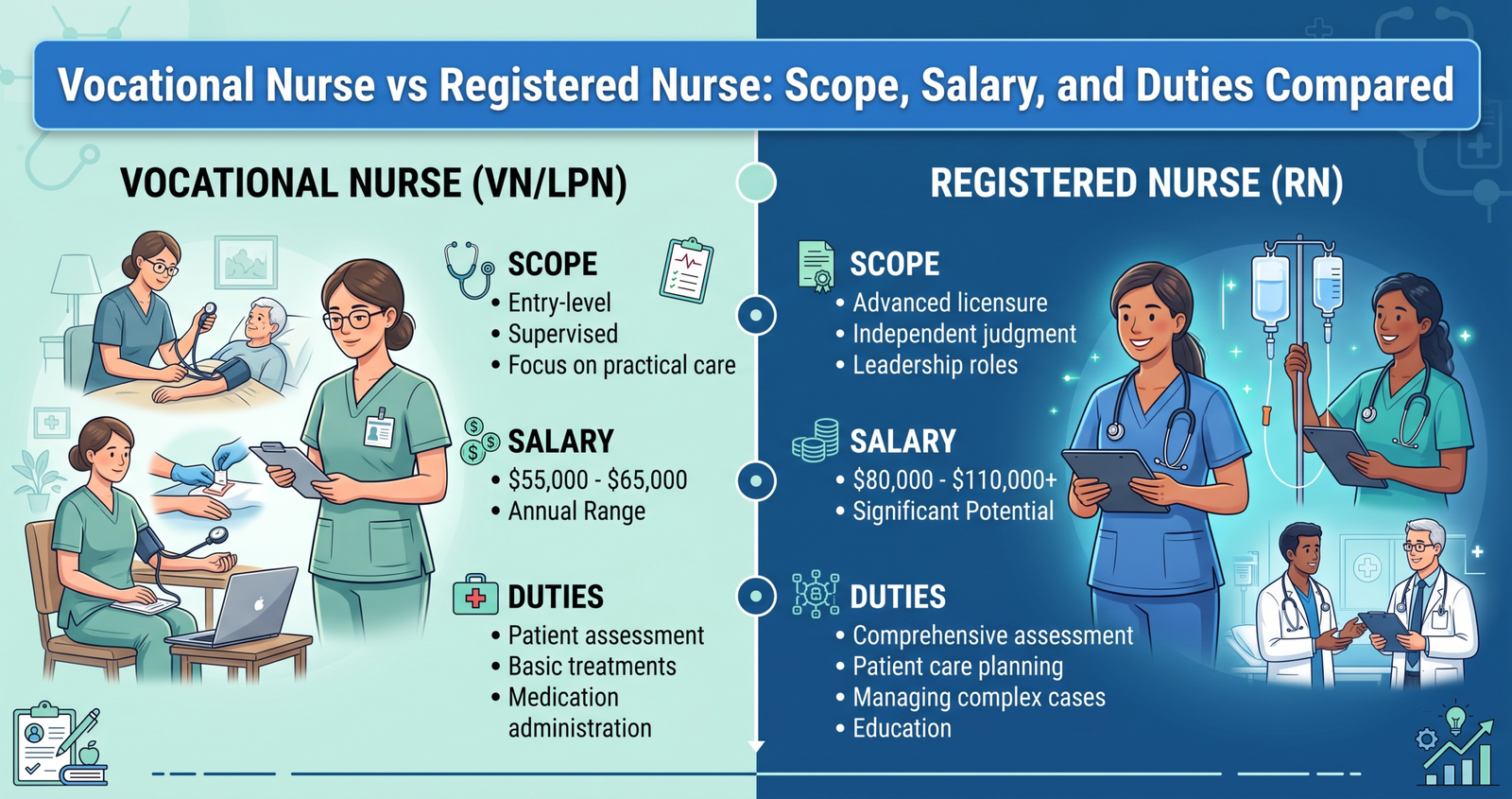 Explore Vocational Nurse vs Registered Nurse: Scope, Salary, and Duties Compared.
