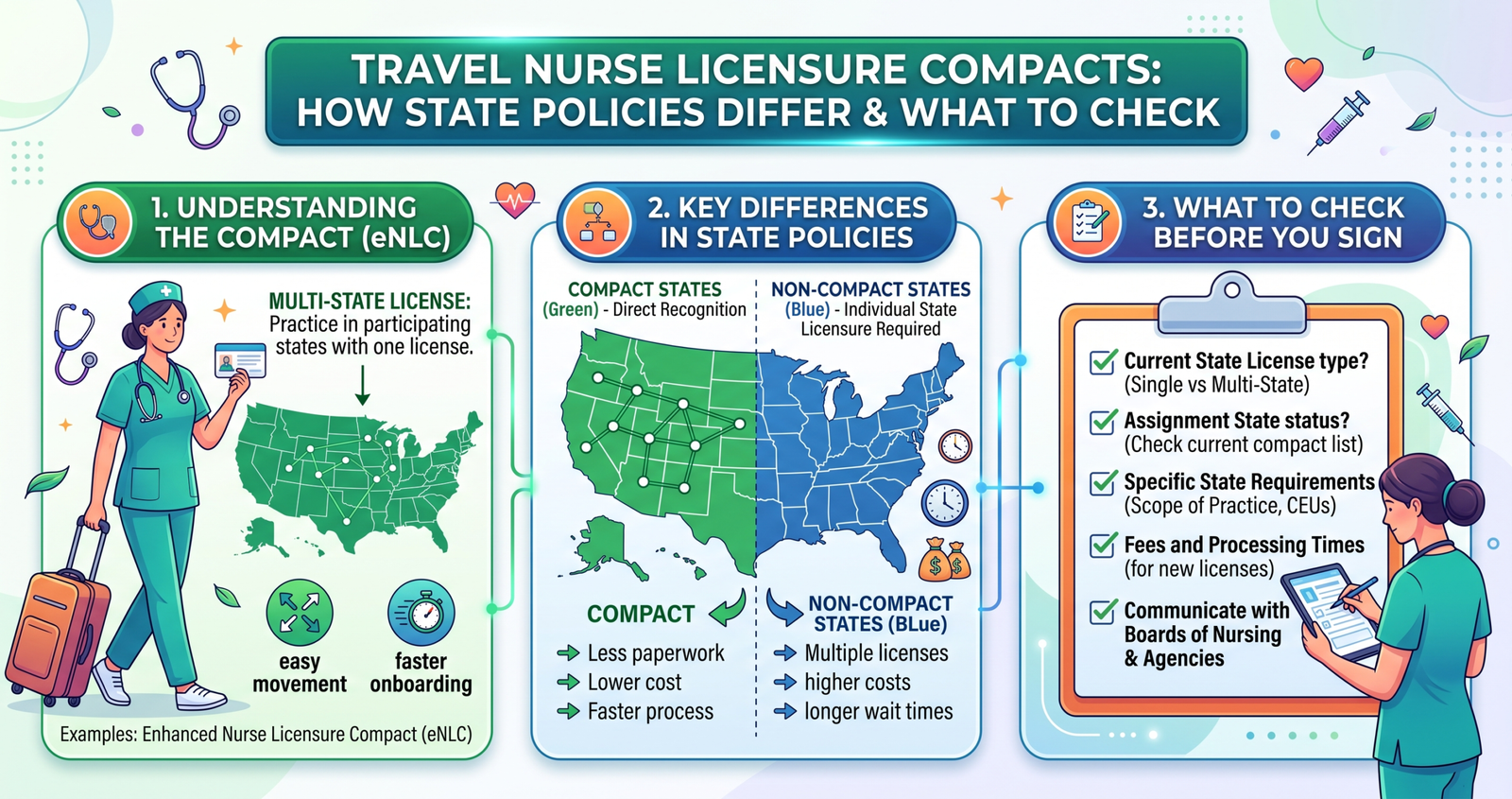 Explore Travel Nurse Licensure Compacts: How State Policies Differ and What to Check Before You Sign.