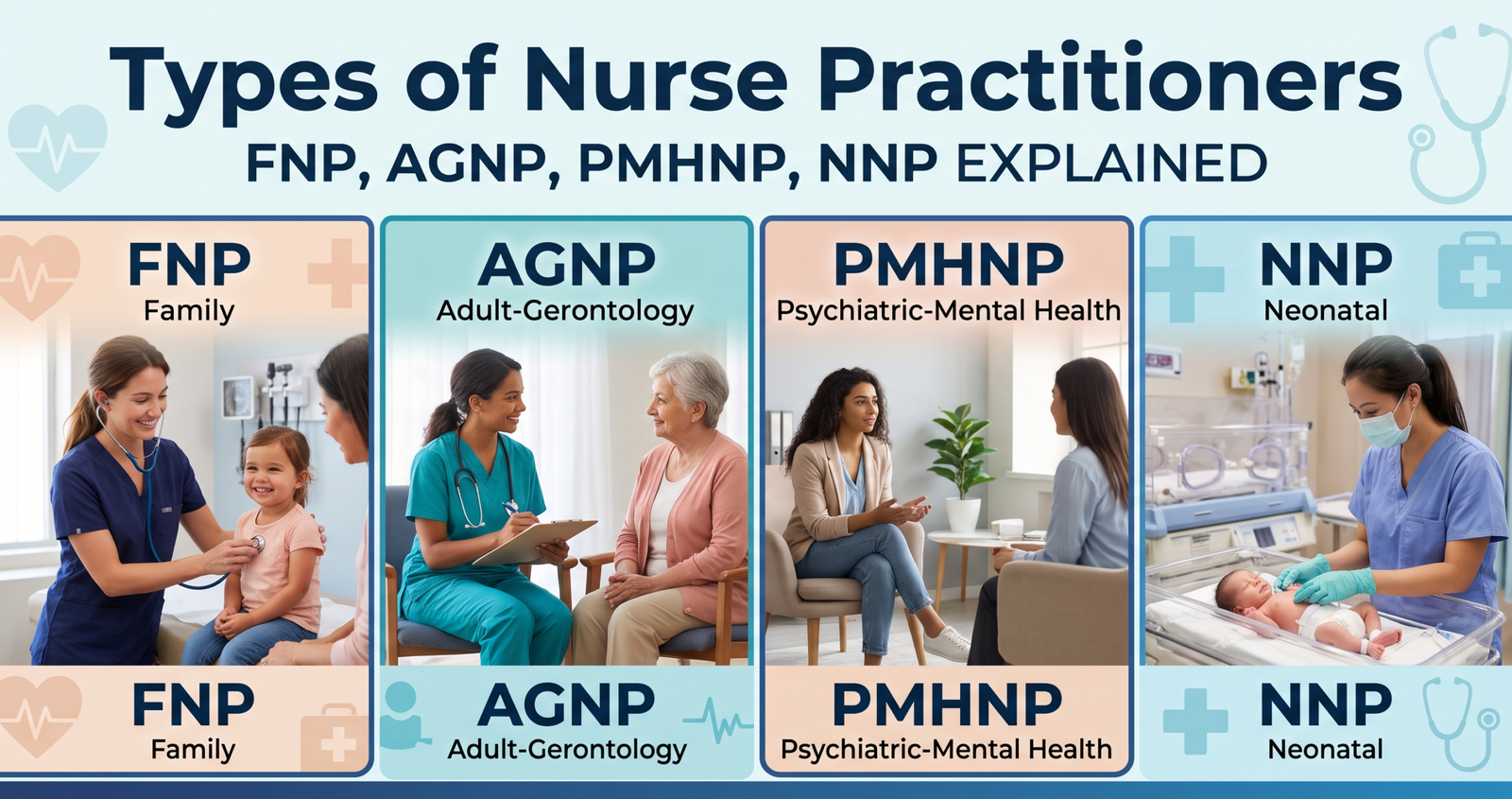 Explore the Types of Nurse Practitioners: FNP, AGNP, PMHNP, NNP Explained.
